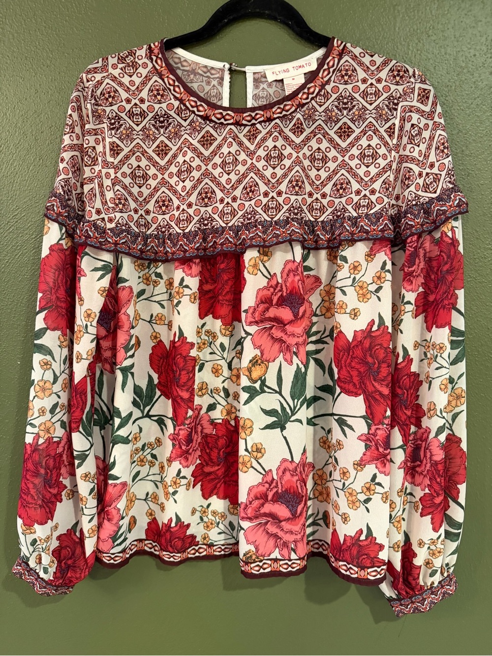 Flying Tomato Cream Blouse with Red Floral Print